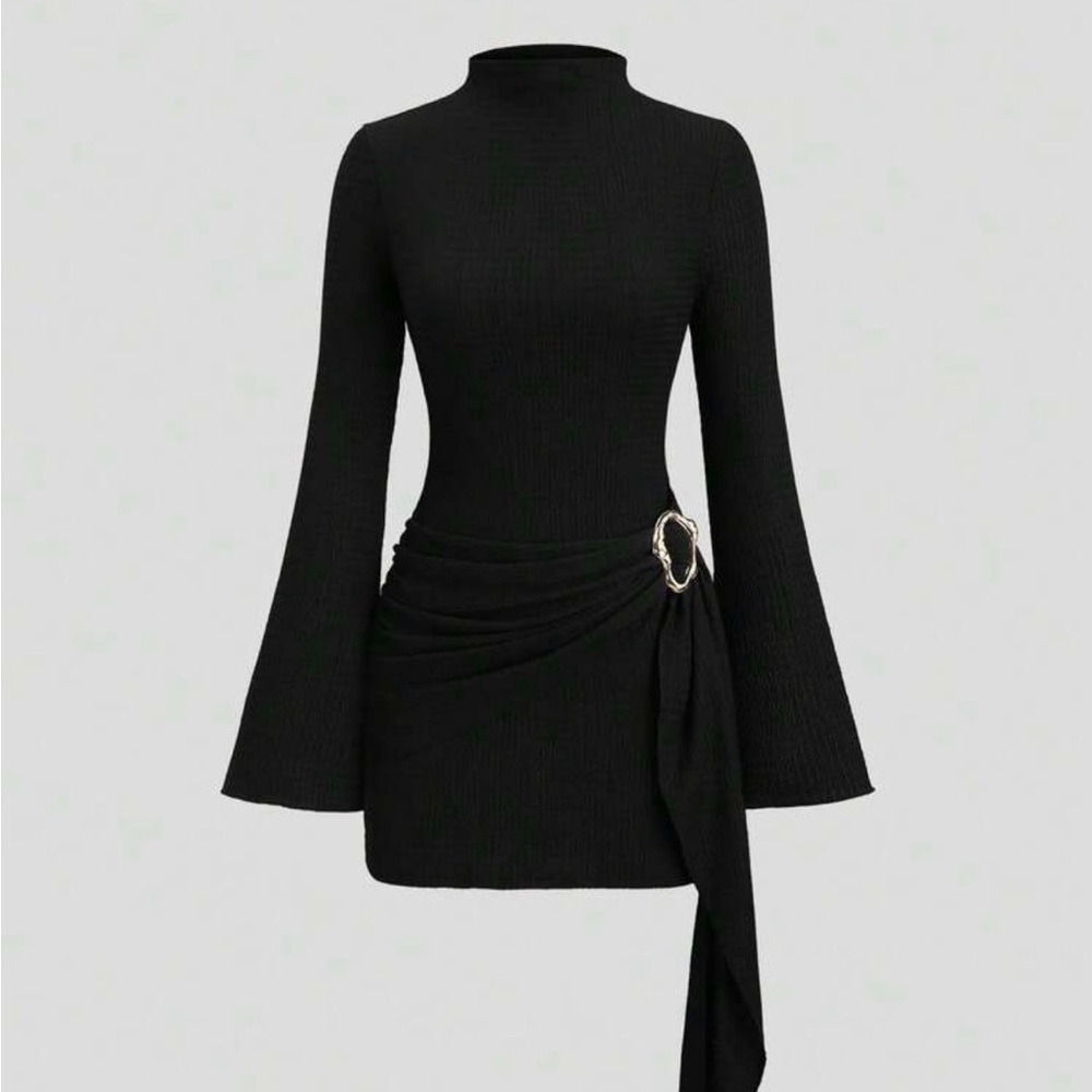 SHEIN Black Long Sleeve Mini Dress with Side Buckle Detail